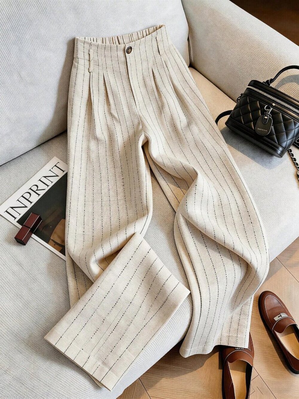 Multicolor Casual Women's Striped Pleated Button Wide Leg Pants